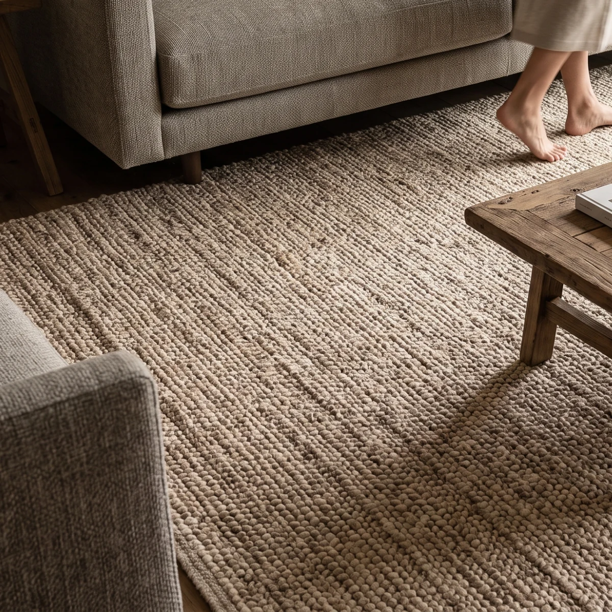 A hand-woven wool rug laid over the floor of a living room, running under a sofa and a low wooden table.