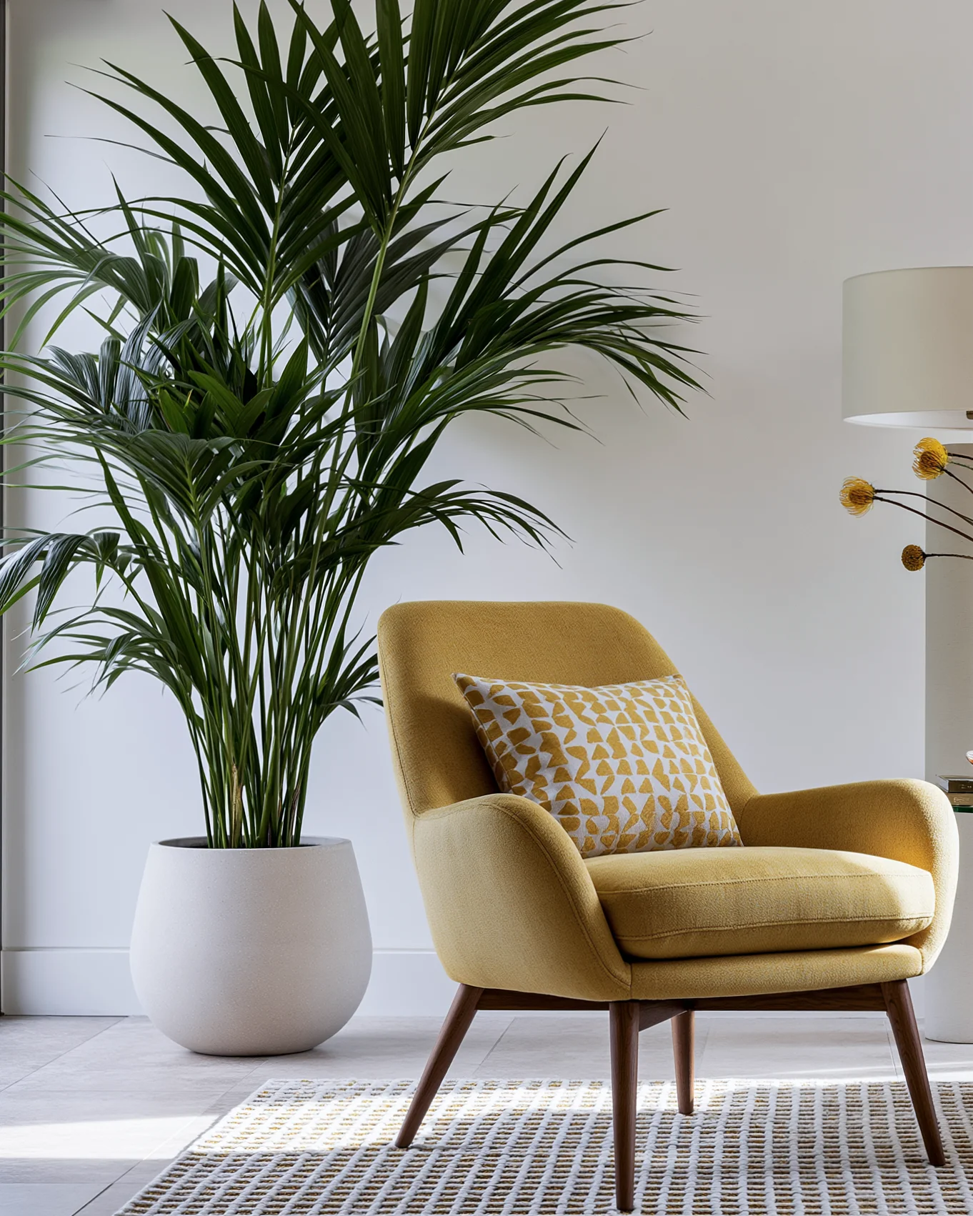 A mustard upholstered armchair beside a tall green palm in a quiet room.