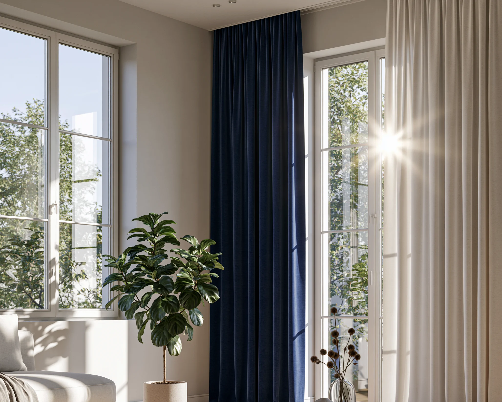A sunlit room with deep navy and ivory curtains framing tall windows.